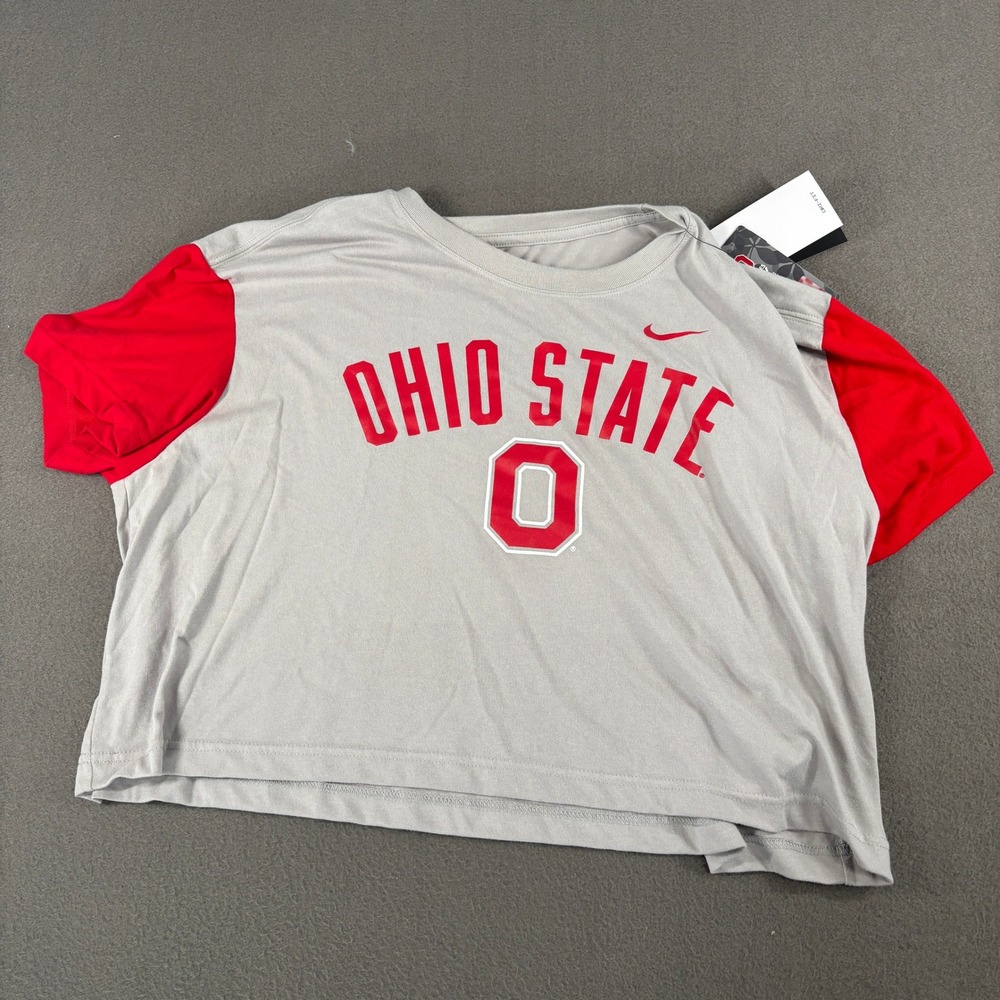 Nike Ohio State Buckeyes Shirt Womens XL Gray Red Cropped 01D4-0A8X-OH-KMG
